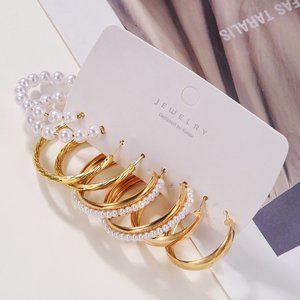 3/$35 4 Pairs Gold Hoop Earrings Set Pack Fashion Pearls Chunky Medium Women